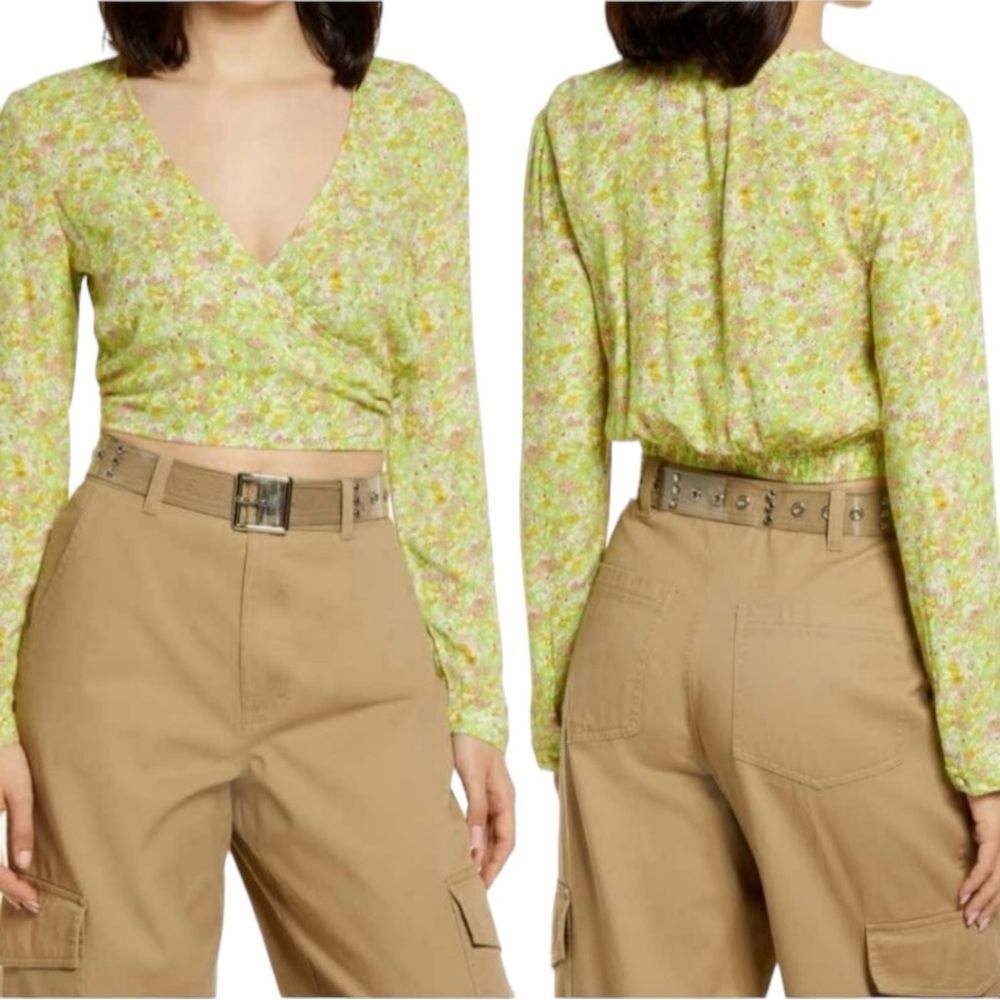 Nordstrom BP Green Hannah Kate Surplice V-Neck Crop Top Small NWT